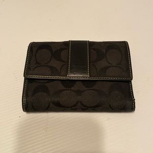 Coach Signature Jacquard Black Tri fold Wallet with black leather trim/stitching